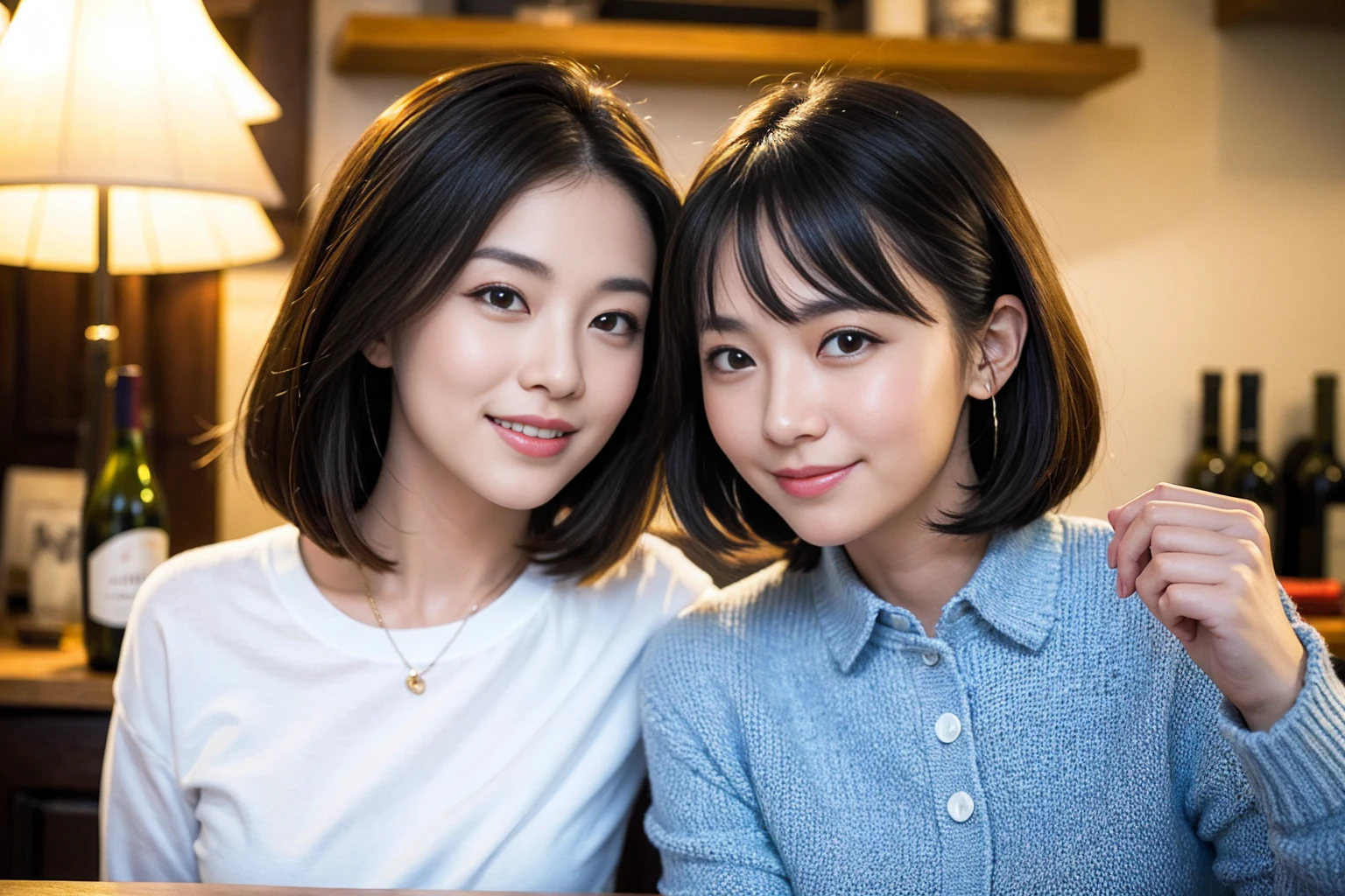 ((Highest quality、、masterpiece:1.3))、1 male、1 female,44 years old 39 years old、Shine the light on my face、Slim Beauty、Beautiful couple、Upper Body、smile、 (Slim face), (the body is スリム), (Brown Hair), (Shortcuts), テーブルのフルコースディナーとwine glass、Amazing view of the sunset sky and clouds、smileの美しさ、Wine bottle、sparkling wine、Long sleeve shirt、dress、White wine, red wine, wine glass, Beautiful fine grain, Depth f/2,saturation, High Contrast, Strong light and shadow,Moist Body:1.5、 texture、The hair is very shiny、