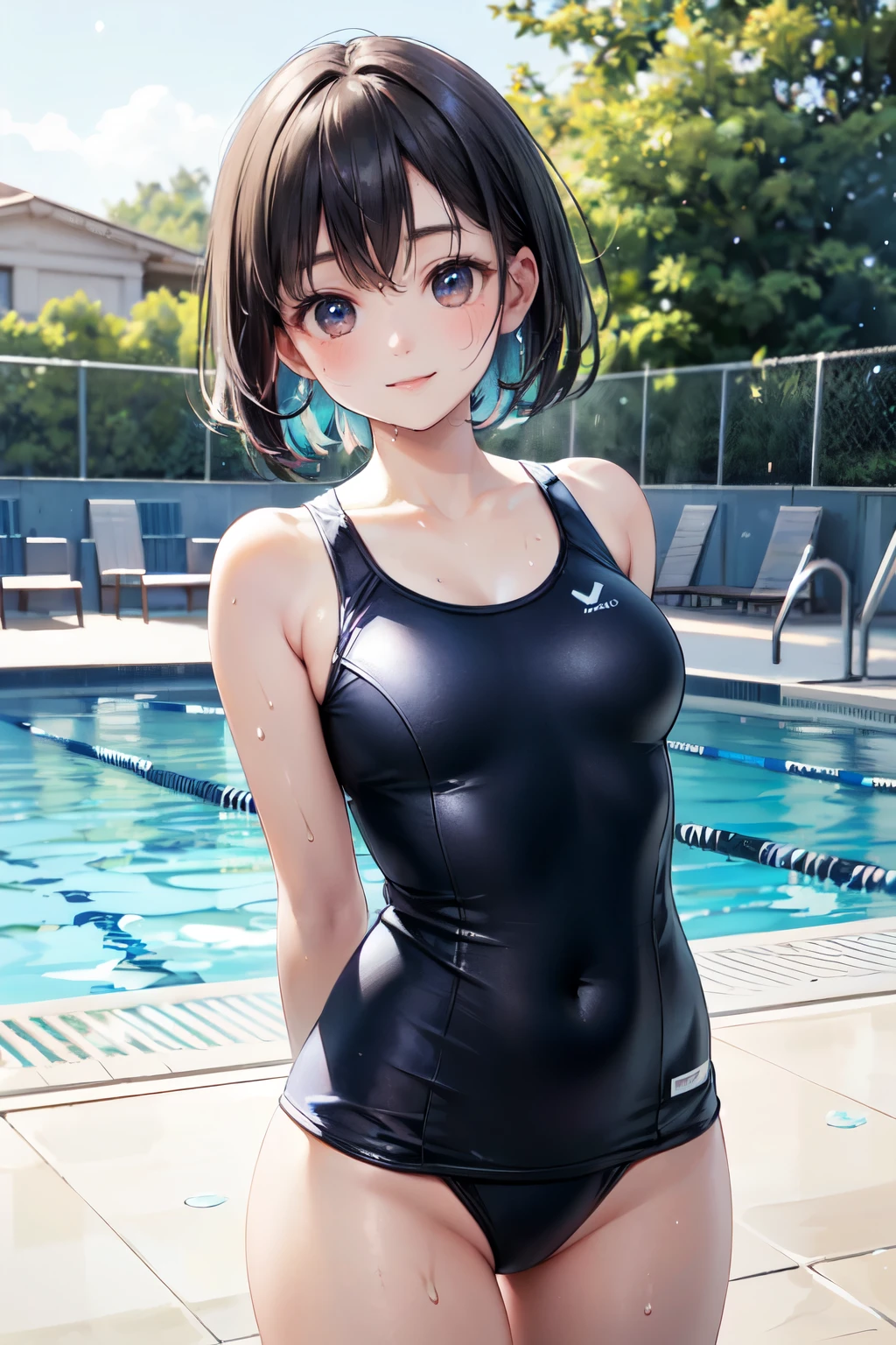 very cute and beautiful girl,(highly detailed beautiful face),(blue school swimsuit), sweat,wet,waterdrop, standing,arms behind back,(pool side),summer,countryside,grassland, (smile),happy,looking at viewer,black hair,cowboy shot, (best quality,masterpiece),absurdres,highres,ultra-detailed,extremely detailed,32k, cinematic scene,detailed background,solo,dynamic angle, hair fluttering in the wind,beautiful detailed sky,(realistic,photorealistic),