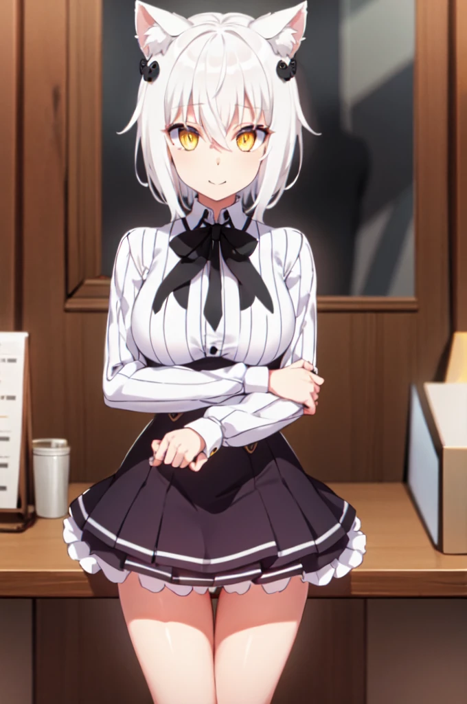 1girl, white hair, yellow eyes, short hair, big breasts, cat ears, cat hair ornament, (focus on eyes), (reflections in eyes), shiny eyes, smile, big breasts, legs, in school room, cowboy shot, Perfect Face, Perfect body, , striped shirt, neck ribbon, long sleeves, black ribbon, black corset, purple skirt