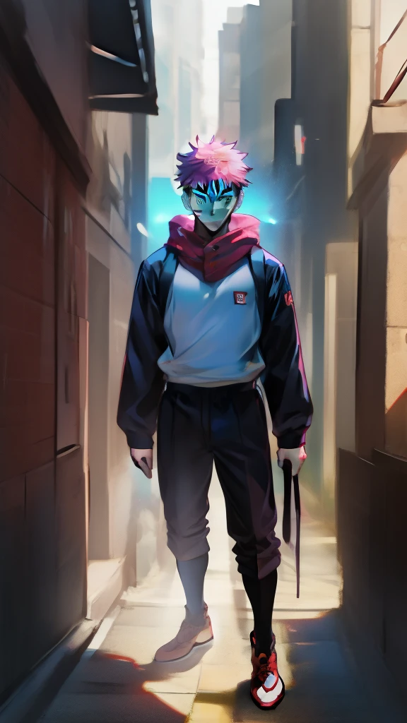 a handsome, dashing, young man in the manga series "Jujutsu Kaisen" named, Ita Dori Yuji" with his characteristic clothes, black hoodie, and red shoes, pink hair, with high quality anime photo resolution HD, 4K. with a sparkling background light, fantasy that saves the body, as well as dynamic effects, urban atmosphere, cyberpunk,.AND STANDING IN THE MIDDLE OF THE CITY while holding a katana.