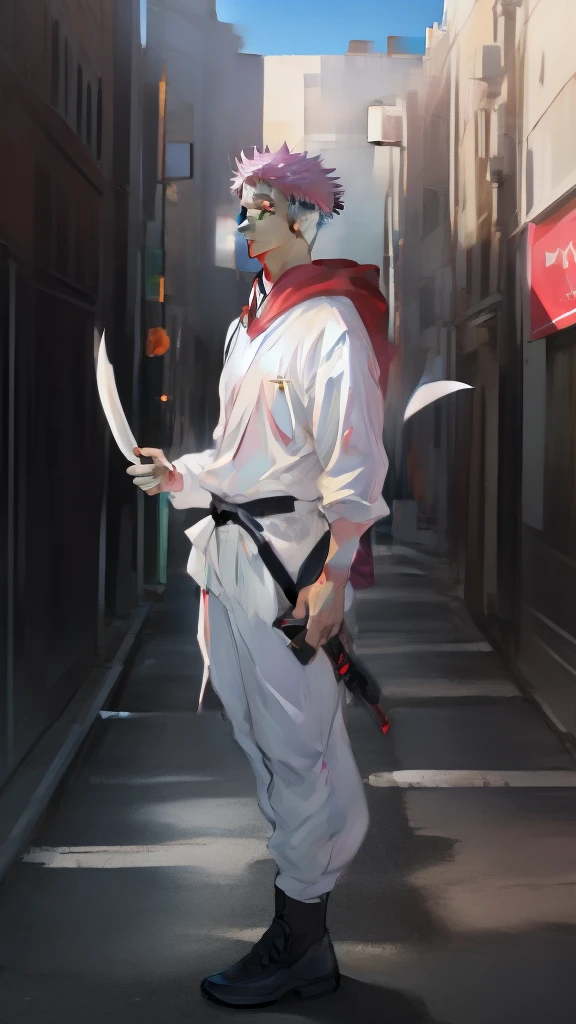 a handsome, dashing, young man in the manga series "Jujutsu Kaisen" named, Ita Dori Yuji" with his characteristic clothes, black hoodie, and red shoes, pink hair, with high quality anime photo resolution HD, 4K. with a sparkling background light, fantasy that saves the body, as well as dynamic effects, urban atmosphere, cyberpunk,.AND STANDING IN THE MIDDLE OF THE CITY while holding a katana.