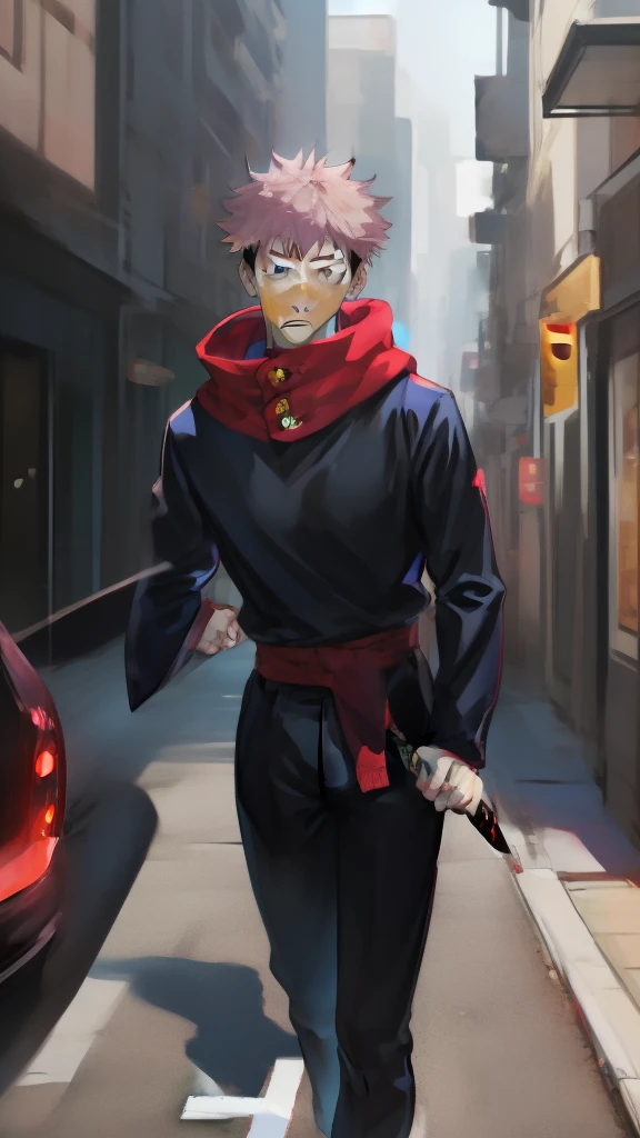 a handsome, dashing, young man in the manga series "Jujutsu Kaisen" named, Ita Dori Yuji" with his characteristic clothes, black hoodie, and red shoes, pink hair, with high quality anime photo resolution HD, 4K. with a sparkling background light, fantasy that saves the body, as well as dynamic effects, urban atmosphere, cyberpunk,.AND STANDING IN THE MIDDLE OF THE CITY while holding a katana.