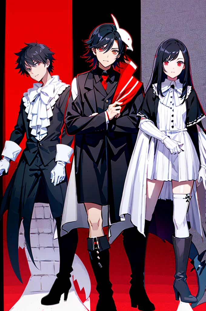 and a 25 year old looking man has long dark black hair, shark-like teeth. His typical attire consists of a black vest, white and red striped bow, black gloves and red ankle-length high-heeled boots. Furthermore, wears a black coat, which you wear without covering your shoulders, hanging on the elbows.