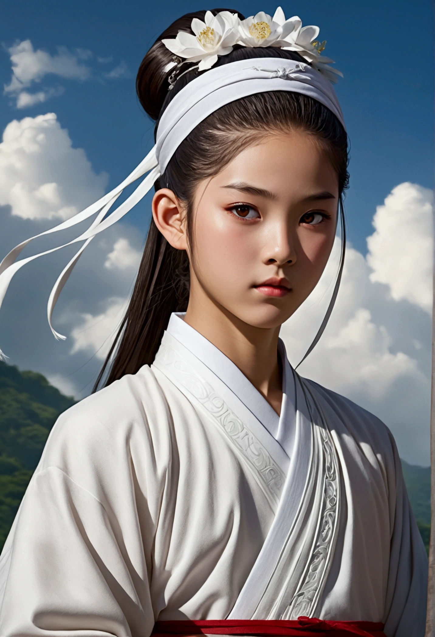 Epic anime. Young boy of Chinese descent with full body, long hair that covers her forehead hair tied in a high ponytail with an elegant white bun, He is serene and serious with dull red hazel-shaped eyes., At he wears white Chinese tunics, white shoes with a white headband with drawn clouds, being from the gusu lan clan, use an elegant sword with blue and gray tones with white