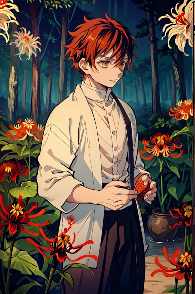 1.5, best quality, high quality, High definition, High quality texture, high detail, beautiful detailed, finely detailed, extremely detailed cg, detailed texture, 1man, boy, male, ((demon slayer)), rust colored hair, short hair, mullet, shaggy hair, hashira, ((spider lily patterned haori)), field of spider lilies, orange eyes, mature, powerful, confident stature
