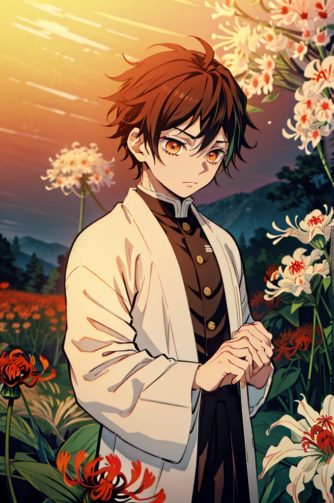 1.5, best quality, high quality, High definition, High quality texture, high detail, beautiful detailed, finely detailed, extremely detailed cg, detailed texture, 1man, boy, male, ((demon slayer)), rust colored hair, short hair, mullet, shaggy hair, hashira, ((spider lily patterned haori)), field of spider lilies, orange eyes, mature, powerful, confident stature
