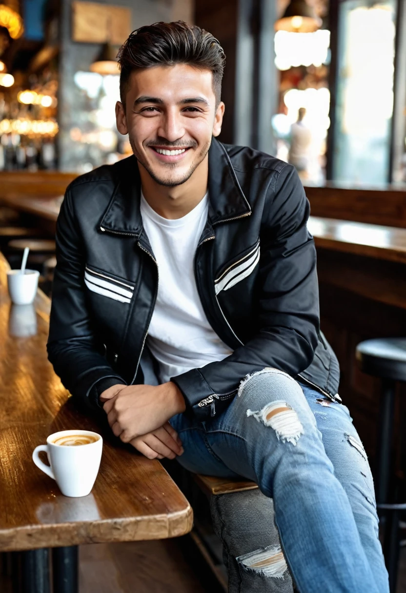A turkish boy handsome,,ultra high resolution,perfect skin,ultra delicate photo,wearing a ((black jacket)) and white t-shirt, Blue jeans which is torn on his knee,I want black Nike shoes withwhite patterns , he is sitting at a bar enjoying a cup of coffee, his smiling face is turned towards the camera, the picture is taken from a side angle, half smile,front view,In the background you can see happy lighting,