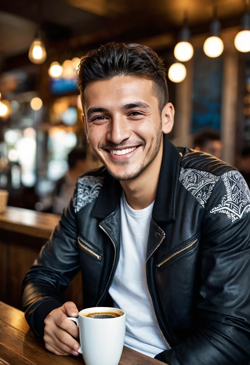A turkish boy handsome,,ultra high resolution,perfect skin,ultra delicate photo,wearing a ((black jacket)) and white t-shirt, Blue jeans which is torn on his knee,I want black Nike shoes withwhite patterns , he is sitting at a bar enjoying a cup of coffee, his smiling face is turned towards the camera, the picture is taken from a side angle, half smile,front view,In the background you can see happy lighting,