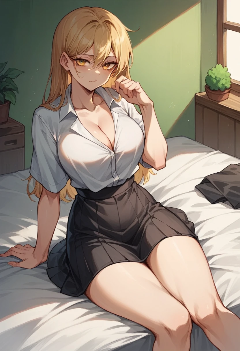 Minecraft Enderman Girl Japanese Golden silky straight hair Wearing a shirt and skirt The cleavage is visible beautiful tall Tall slender Minecraft World Sitting on the bed Dark blonde Black painted room
