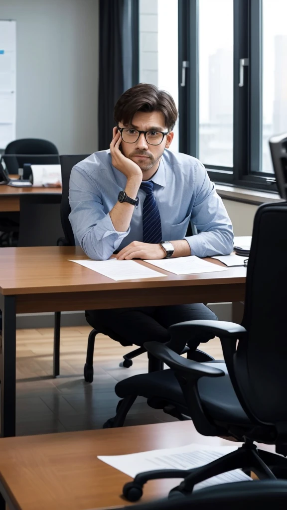 In the office interview room、Scene of a man who is not punctual and unrepentant。The man sits sloppily in a chair、Despite being late, he has an indifferent look on his face.。He is in casual clothes、Arms crossed、Looks at the interviewer in a relaxed manner。The interviewer sits facing、He looks at his watch with a dissatisfied expression。The interview room has a desk and chair、Paperwork and office decor can be seen in the background。There is a general sense of tension、The man doesn&#39;t seem to notice it。