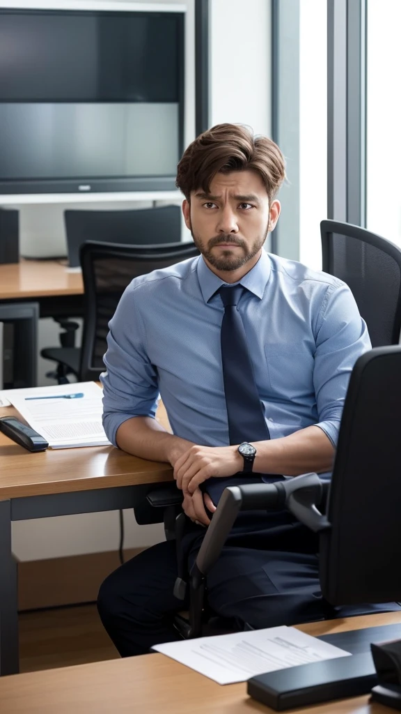 In the office interview room、Scene of a man who is not punctual and unrepentant。The man sits sloppily in a chair、Despite being late, he has an indifferent look on his face.。He is in casual clothes、Arms crossed、Looks at the interviewer in a relaxed manner。The interviewer sits facing、He looks at his watch with a dissatisfied expression。The interview room has a desk and chair、Paperwork and office decor can be seen in the background。There is a general sense of tension、The man doesn&#39;t seem to notice it。