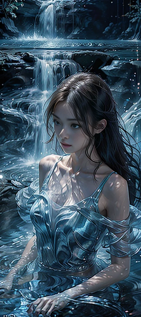 (masterpiece,Top quality,optimal,Official Art,Beautiful and beautiful,Long-term contact:1.2),Smooth movement,Attractive pattern,A girl,Adult women,Perfect skin,Jade Eyes,Black leaf hair,Sportswear,Solitary,Upper part of the body,Staring at the Observer,Detailed background,Delicate face,(water晶人工智能,water晶主题:1.1),元素water精灵,旋流water,water控制,water流围绕着 Makoto 的衣服,Dynamic poses,Floating particles,Ether dynamics, water,Steaming hot,Background sea,Blue tint,coastal,Dreamy atmosphere,。water像泉water一样蓝。Whole face。water中的真实感。Ray Tracing,