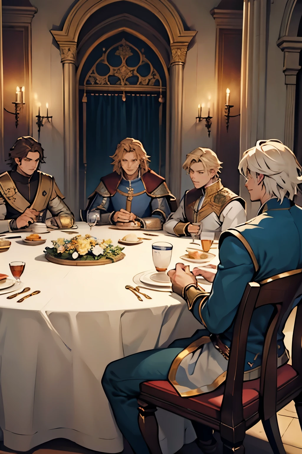 Arthur is sitting on his throne, presiding over a meeting at the famous Round Table. The Knights, among them Lancelot, Work, and Percival, They are sitting around the circular table.