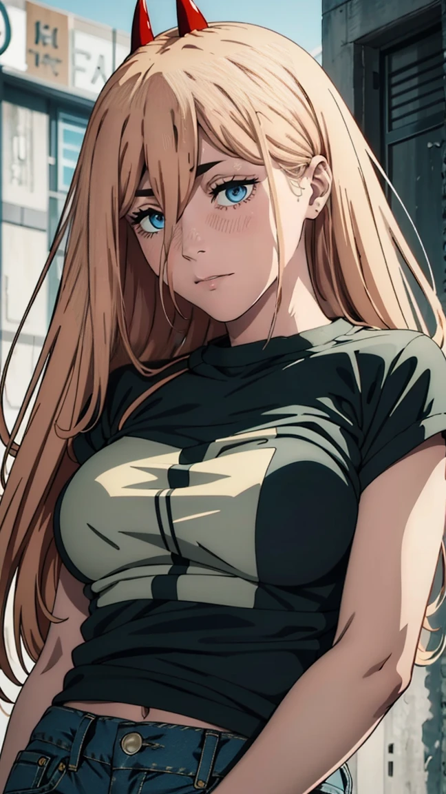 ultra sharp image, beautiful figure, beautiful, full length (full body 1.1.), slender legs, buttocks, slender legs, Wasp waist, erotica, sexy pose, Mouth open in a smile, sharp teeth, laughing,  yellow eyes, ultra detailed face, Ultra transparent, Chainsaw Man Energy, Two red sharp horns on the head, ultra sharp image, very beautiful, long hair, blonde, beautiful figure, tight clothes, T-shirt with the image of a cat, denim shorts, shoes, Red crosses and circles instead of pupils, Beautiful body, sexy clothes, Beautiful eyes, very detailed eyes, Very detailed face, Beautiful body, Chereter Design, Very detailed, detailed body, detailed hands, detailed, bright, detailed Face, sharp focus, clap, Artgerm, anime art, bright, detailed Face, Hugh Details, sharp focus, Very downcast face, detailed eyes, Super lovely illustration, best shadow, finely detail, beautiful detail