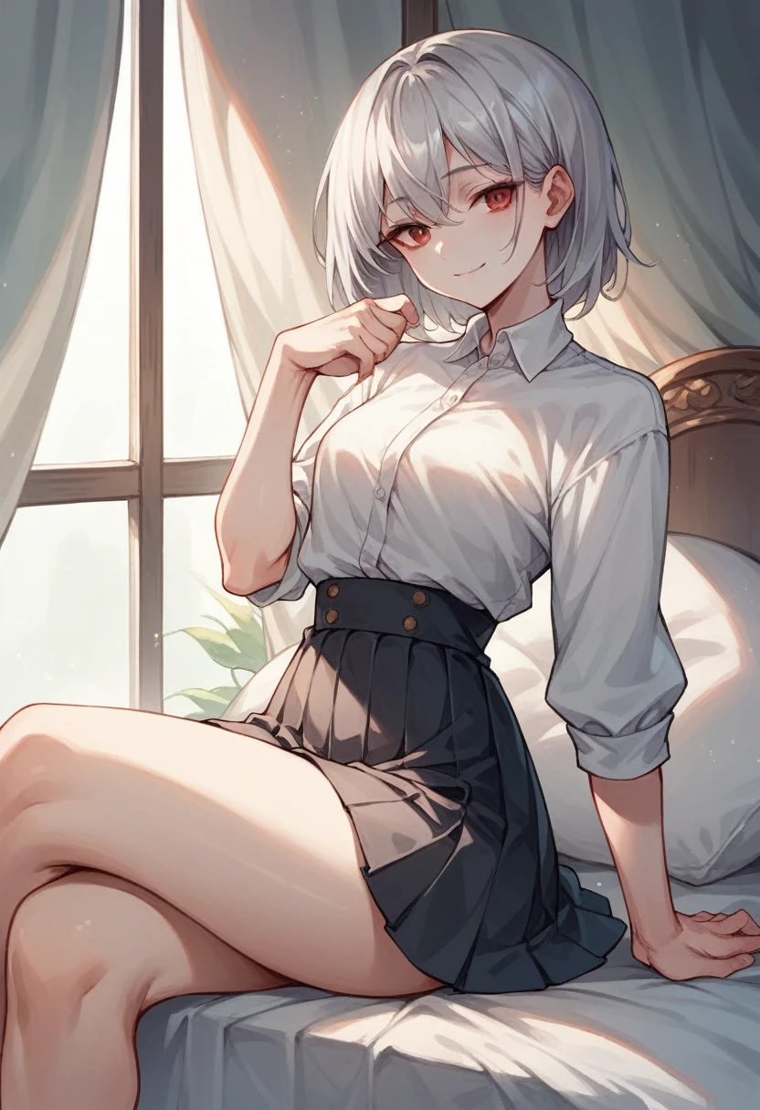 Girl sitting on bed(The girl has long silver hair Shoulder length She is wearing a white shirt and a black pleated skirt White skin tall With bangs Beautiful face Thin legs Small waist, slightly large chest Smiling Silver Hair Anime Style )