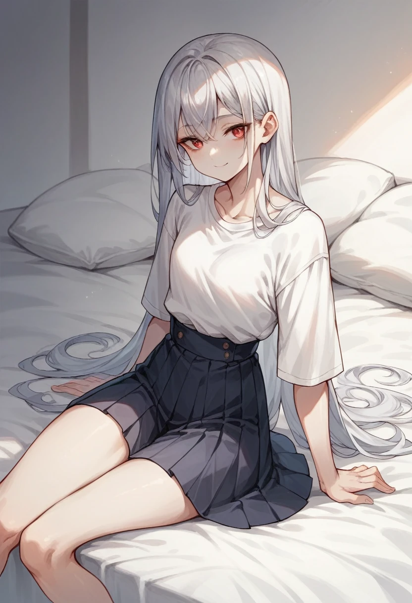 Girl sitting on bed（The girl has long silver hair　Shoulder length　She is wearing a white shirt and a black pleated skirt　White skin　tall　With bangs　Beautiful face　Thin legs　Small waist, slightly large chest　Smiling　Silver Hair　Anime Style ）