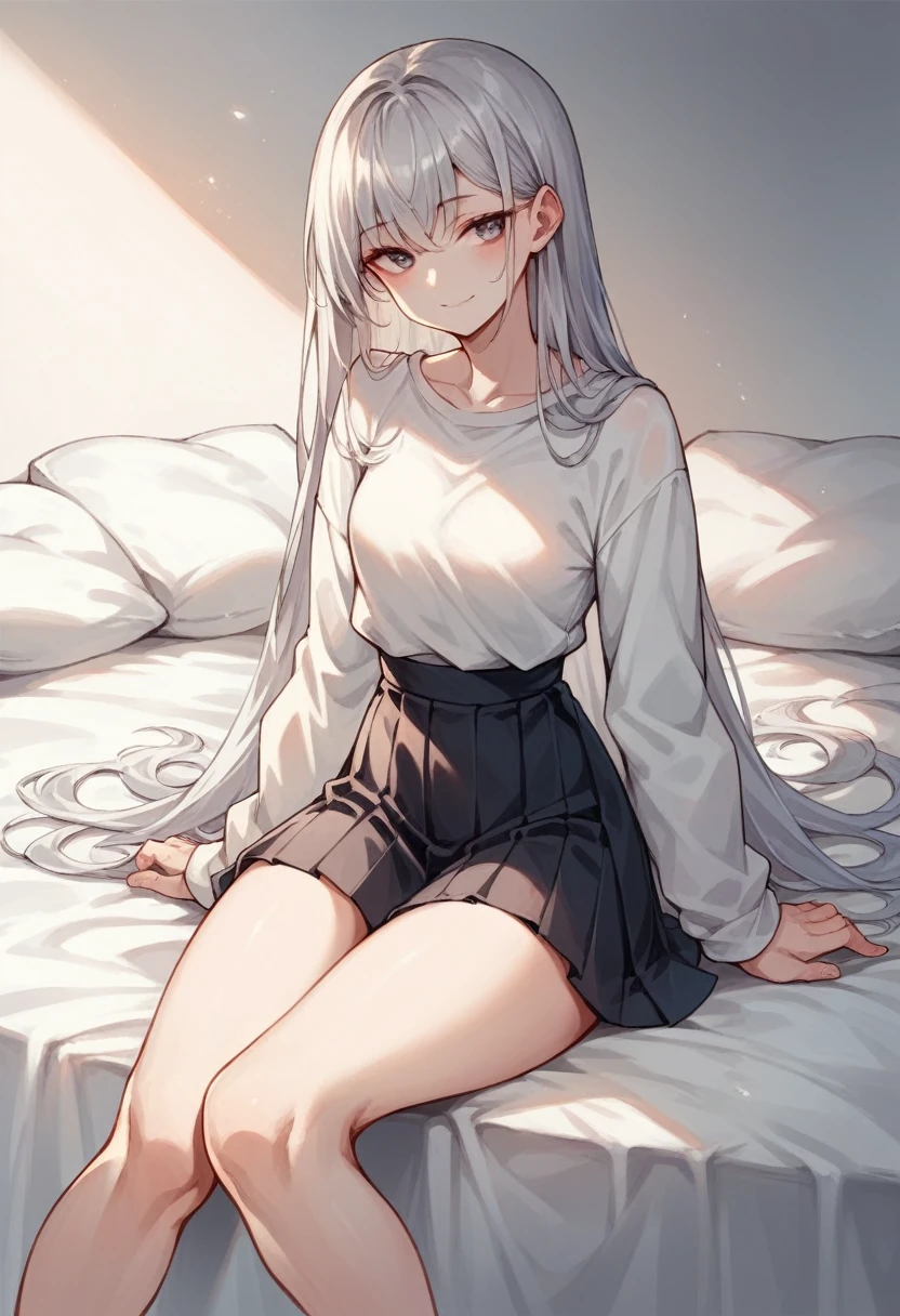 Girl sitting on bed（The girl has long silver hair　Shoulder length　She is wearing a white shirt and a black pleated skirt　White skin　tall　With bangs　Beautiful face　Thin legs　Small waist, slightly large chest　Smiling　Silver Hair　Anime Style ）