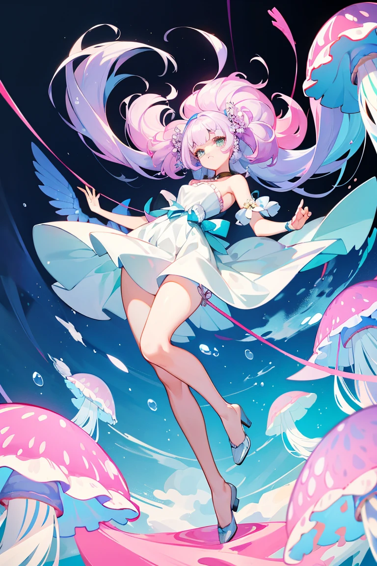 (1 Girl), solo, solo, Full-body portrait, Jellyfish hair， Cool women，Shoulder Bare , My chest is open ， There&#39;s a chain on the dress , Mermaid trousers，White background, The Detailed Art of the Onmyoji, beautiful painting style, The Style, masterpiece, Top Quality, Highest quality, Ultra-high resolution with beautifully detailed lighting