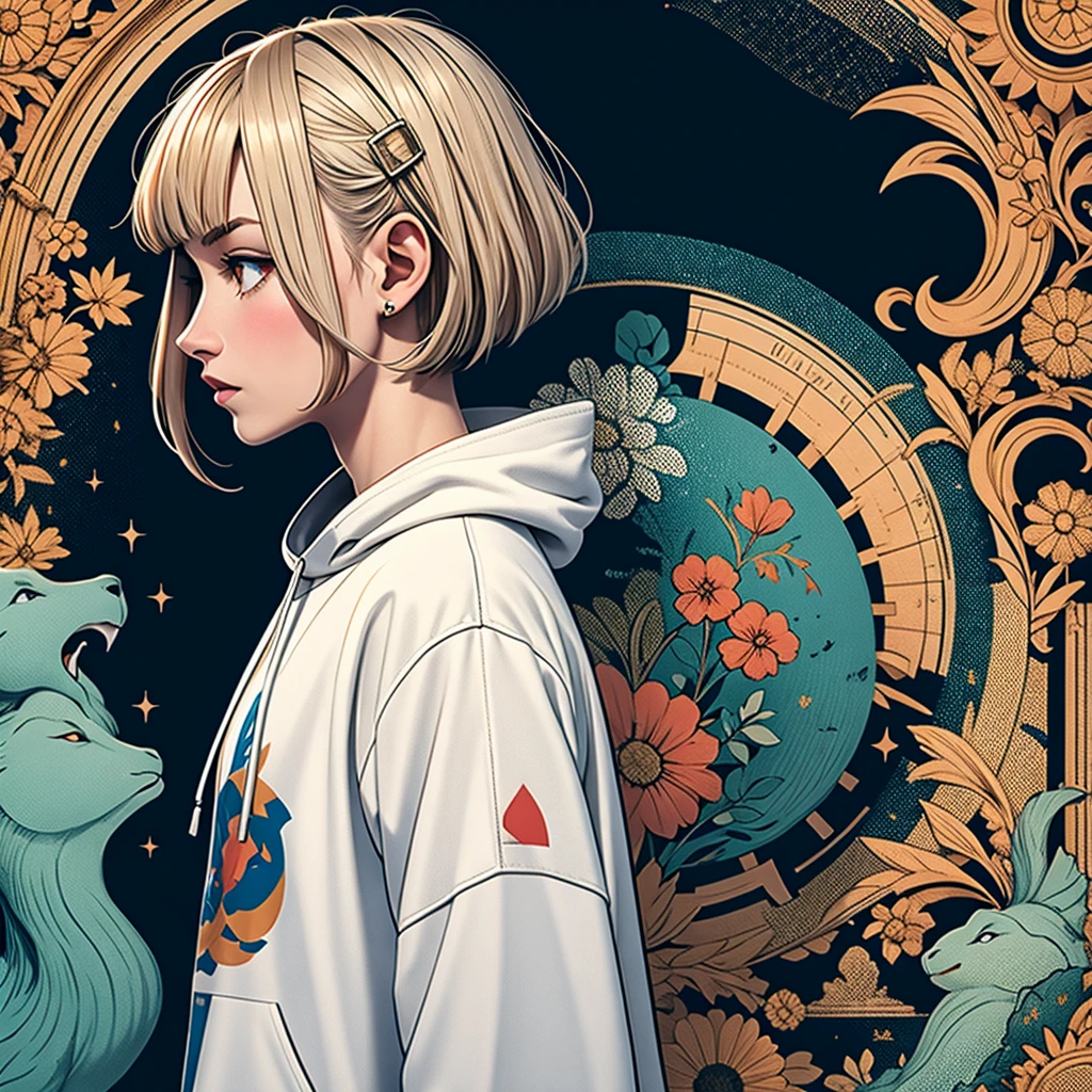 Stylized anime illustration BREAK Profile focused on character in background BREAK Short-haired white character wearing a large hooded jacket, BREAK looks to the side with a calm expression。The complex background of machine gears and cogs、Expressed in a variety of soft colors。, Create complex yet harmonious mosaics