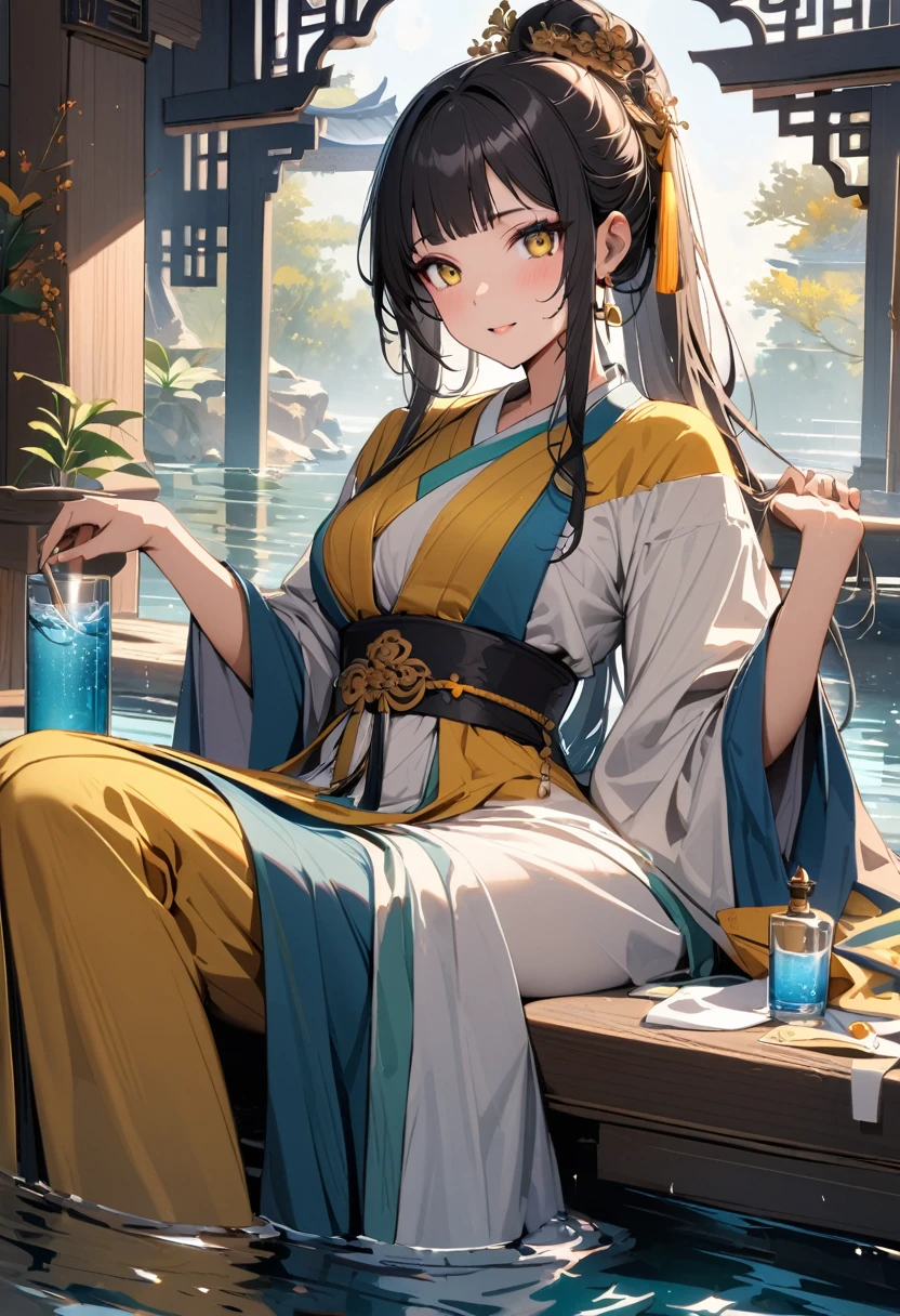 Highest quality, Intricate details, High resolution,(Beautiful detailed water:1.4),(Hanfu, Tang Dynasty),Yellow Eyes,(One girl in a glass bottle:1.1),