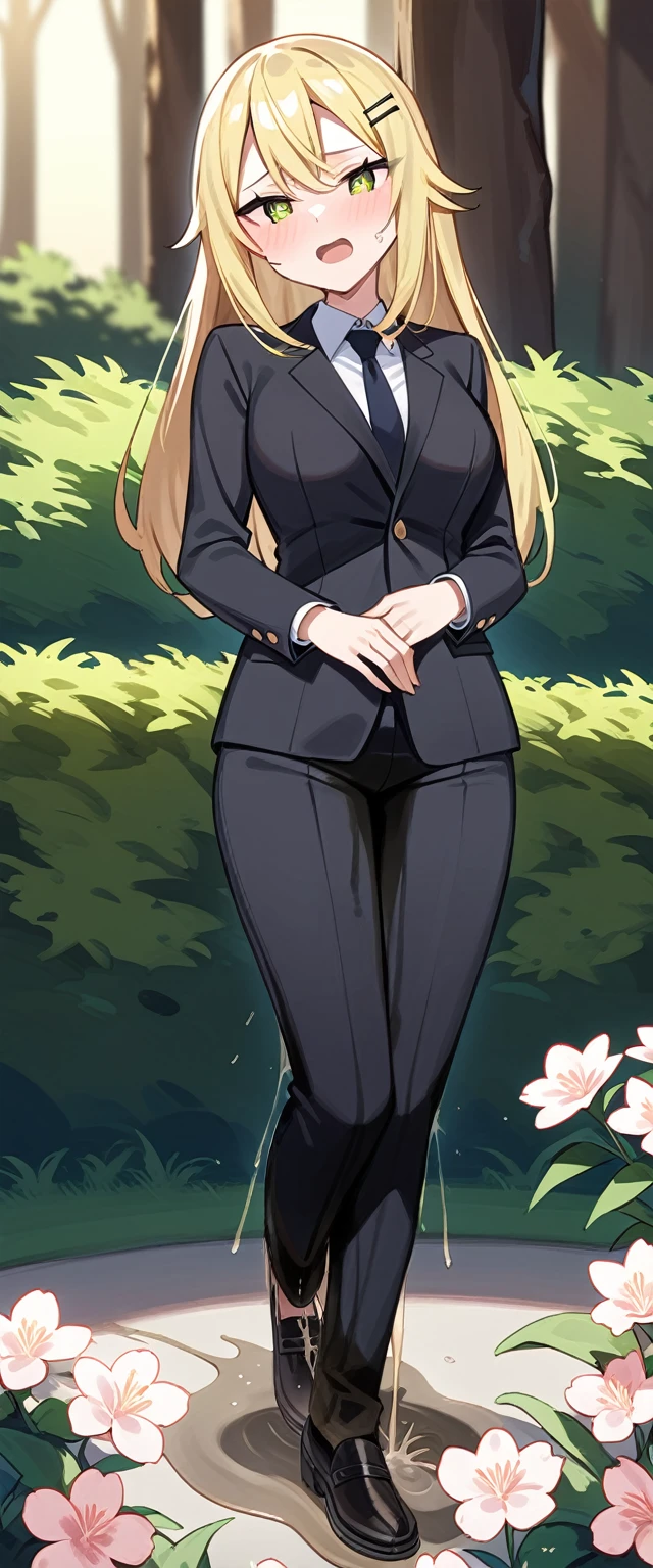 (masterpiece:1.37), best quality, (extremely detailed:1.37), (1girl:1.5), woman, (mature:1.5), (adult:1.5), cynthia, jeans, (extremely detailed eyes:1.37), (wetting self:2.0), desperation, standing, embarrassed, humiliation, blushing, angry, cherry blossoms, garden, (golden hour:1.5), full body
