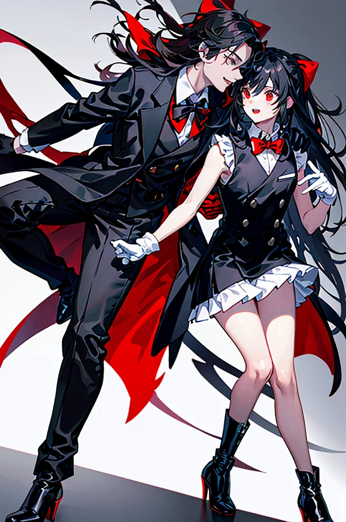 and a 25 year old looking man has long dark black hair, shark-like teeth. His typical attire consists of a black vest, white and red striped bow, black gloves and red ankle-length high-heeled boots. Furthermore, wears a black coat, which you wear without covering your shoulders, hanging on the elbows.