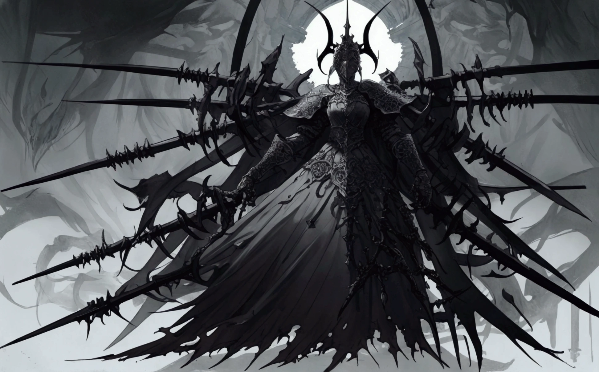 elden ring, dark souls, concept art sheet, items, weapons: A sinister gothic queen who wields poisonous chakram' and wears dark grey armor made from the weapons of fallen foes.