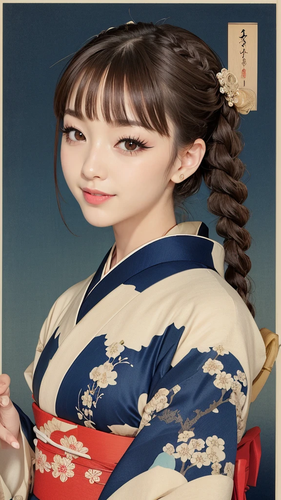 Japanese style tarot cards, Line art, masterpiece, Highest quality, Highest Resolution, Anatomically correct, Accurate Anatomy, Five fingers, One Japanese woman, Smile and show your teeth a little., Fine and beautiful eyes, Sparkling eyes, Thin eyebrows, Gives lashes a delicate finish, False eyelashes, (Ukiyo-e Makeup:1.2), (Braided hair, Blunt bangs, Brown Hair:1.2), Detailed face, Sharp Eyes, (Portrait of a beautiful woman in kimono:1.3), Photo taken from the thigh up, Blank background in warm colors