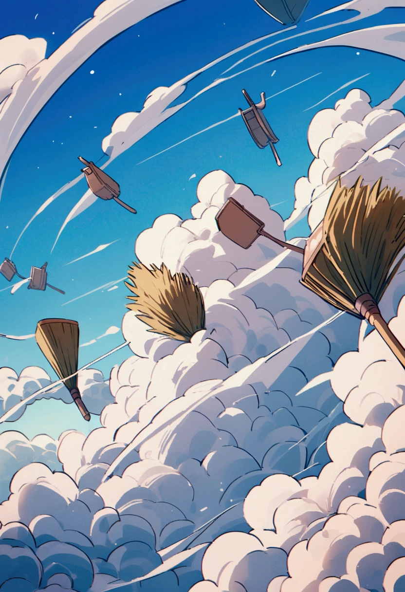 A broom and a dustpan flying together in the sky