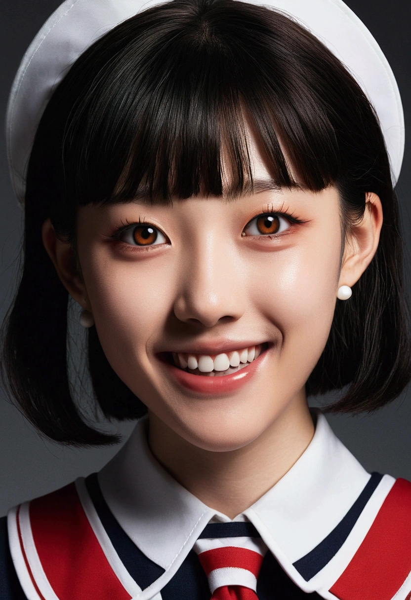 (Simple illustration:1.3) From below, dramatic, Psychophone, Psychopathic, Crazy Smile, Glowing Eyes, tooth, The pupils constrict, Sailor suit、Japanese、blunt bangs、profile