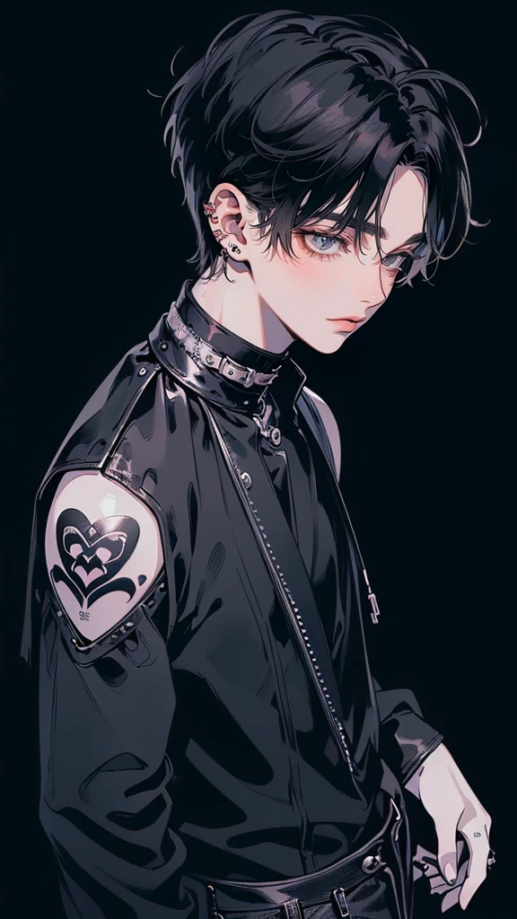 (4K works))、masterpiece、(top-quality)、((black backgrounds))、Korean Male、Adult male、((Adult 50 years old))、((Adult uncle type))、((Leather Jeans Style))、((Face similar to Hyunjin))、Cool Men、tall、((Wild features))、((Long sleeve long trouser style))、((Smaller face))、Slim body、(((short-haired)))、((shot from a side angle))、((profile))、((Turn the body to the side))、((Shot alone))、((Solo Photography))、Professional Photos、((He is in front of the viewer))、((Monochrome photography))、((Upper body photography))、((Wear a lot of piercingouth piercing))、((Icon Photo))、((Sick Boyine Boys))、((tattoo))、((Mine photo))