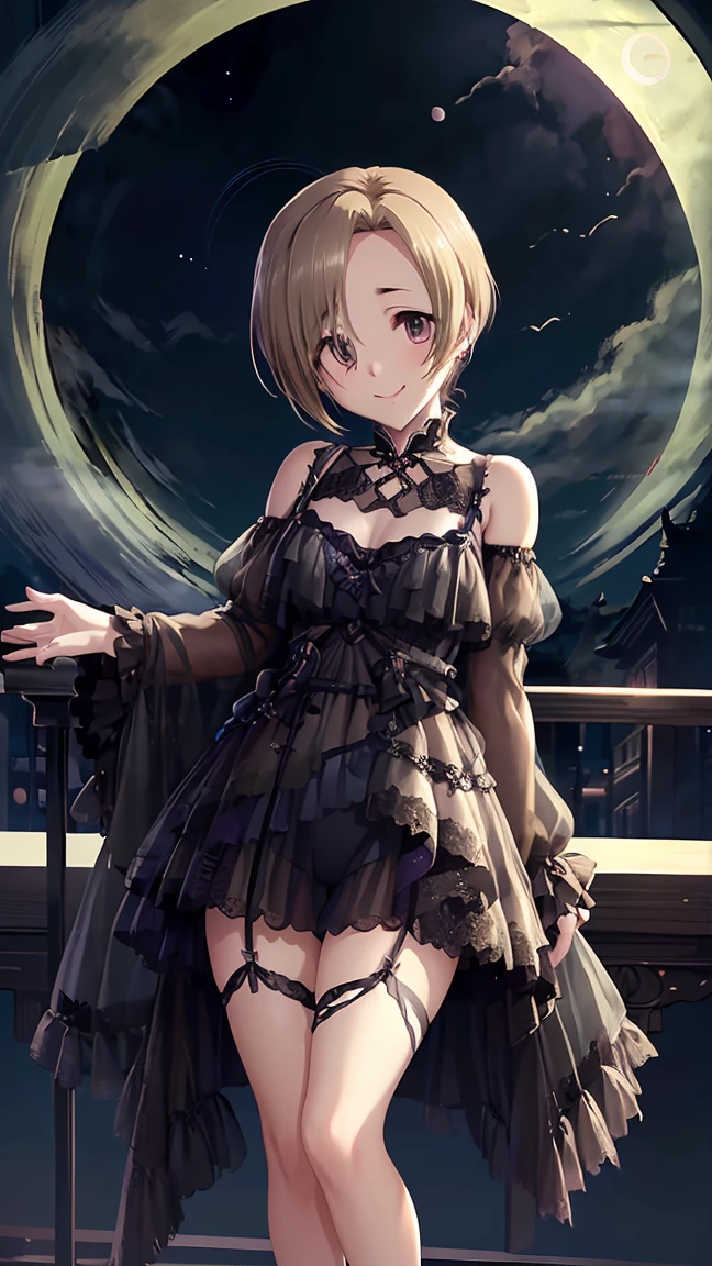 masterpiece, Highest quality, High resolution, Very detailed,(((Koume Shirasaka))), (((Black Lingerie)))、(((Standing with the moon in the background。)))、(((smile)))、(((full moon)))、(((Night Sky)))、(((Beautiful Eyes)))