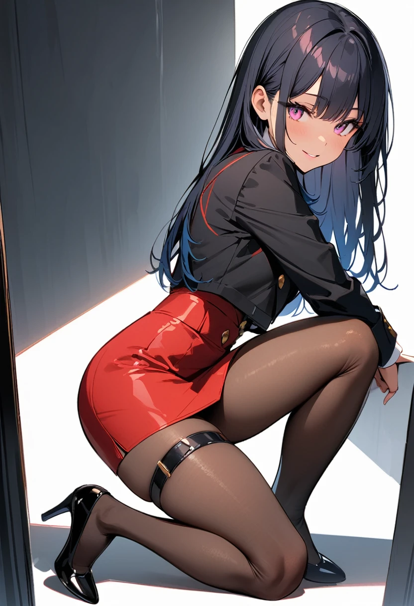 (masterpiece:1.2),Highest quality,Pixiv ,One girl,alone,Long Hair,pantyhose,skirt,View your viewers,High heels,smile,Black footwear,red skirt,White background only,Long sleeve,whole body,high-waist skirt,From the side,One knee,Black Hair,pencil skirt,Thigh straps,Pink Eyes,chest,Jacket,shirt,Straight hair,black Jacket,Blue Hair,Dark Skin, blue eyes,Part your lips,Look to the side、white background only