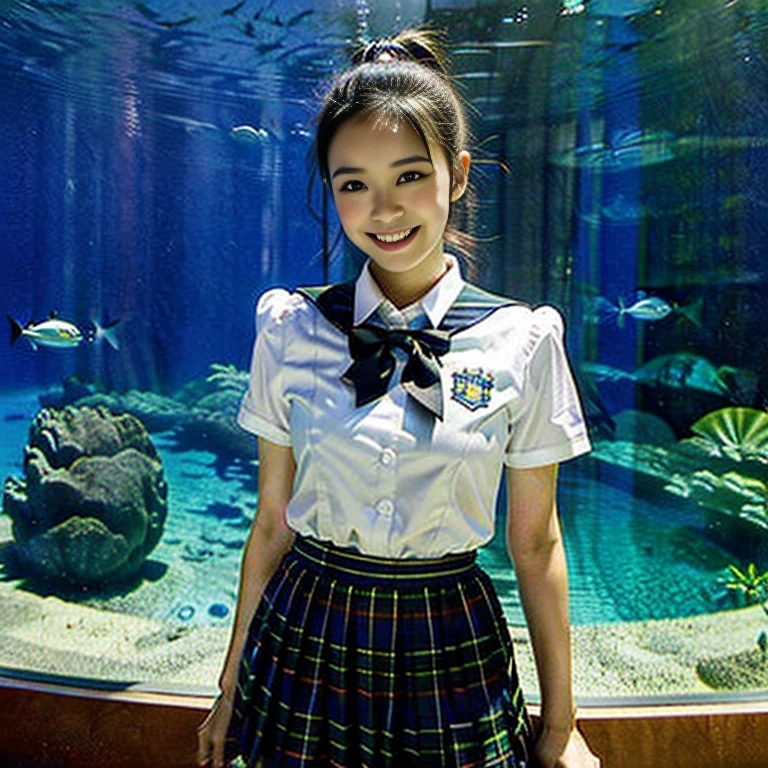 (a youthful eurasian lady, Age 23, at an Aquarium, (((full bodyesbian))), ((Girls' High School Uniforms)), short_bob_hair_ponytail, Dimples, Friendly & Kind smile, snaggle-tooth, realistic skin textures, healthy body proportion, hyper-realism, photorealistic, beautiful detailed eyes, high contrast, ultra HD, top image quality, fine details, very meticulously, masterpiece, the_cowboy_shot, bokeh background, Serene Ambience)