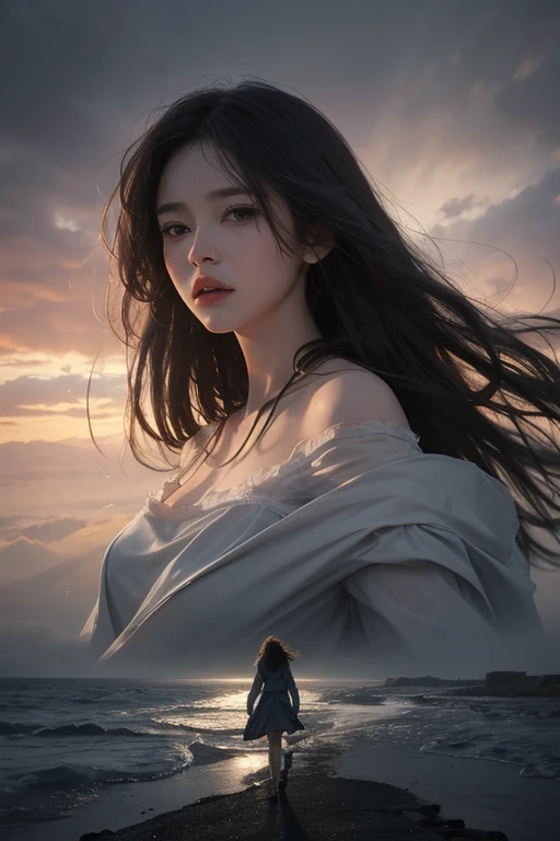 Imagine a girl standing on a vast plain.,There was no emotion on her face,under the dark sky, Peering into the storm-ravaged horizon. A strong wind blew her hair wildly..,Adding movement to dark scenes. The distant storm seems to reflect the turmoil in her mind..,Create beautifully, Memorable Stories. As the storm approaches,I wonder about the thoughts swirling in her mind.. This photo,In the style of award-winning photographer Yusuf Karsh、Shot with a Hasselblad H6D-400c and a 90mm lens,Dramatic Features, Cinema Lighting. The image is 8K,Ultra-high resolution,Super Resolution,A glimpse into a moment of intense emotion and natural force.,