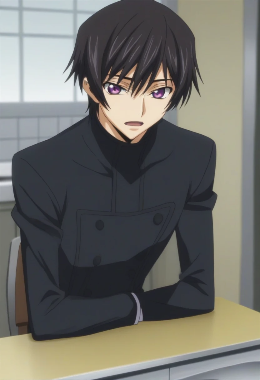 score_9, score_8_up, score_7_up, source_anime, rating_safe, intricate details, anime screencap, , , looking at viewer, depth of field, 1boy, solo, male focus, lelouch_lamperouge, black hair, purple eyes, bangs, cute, open mouth, black suit, kitchen room, chair sit down, dusk.