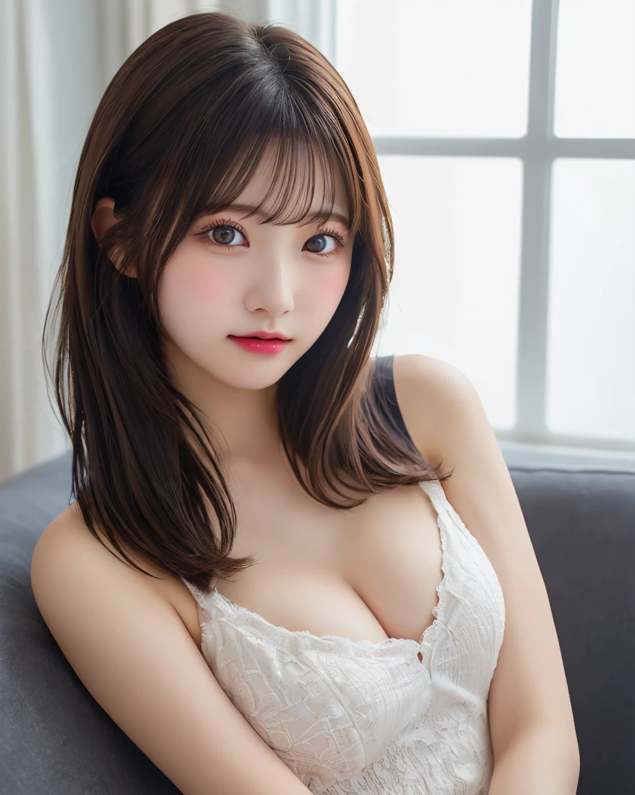 Tabletop, Highest quality, figure, Very detailed, Fine details, High resolution, 8k wallpaper, Perfect dynamic composition, Beautiful attention to detail, Natural lips, Pink see-through lingerie:1.5 ,Large Breasts:1.5, Cleavage, The body is slim:1.5　Girl lying on bed