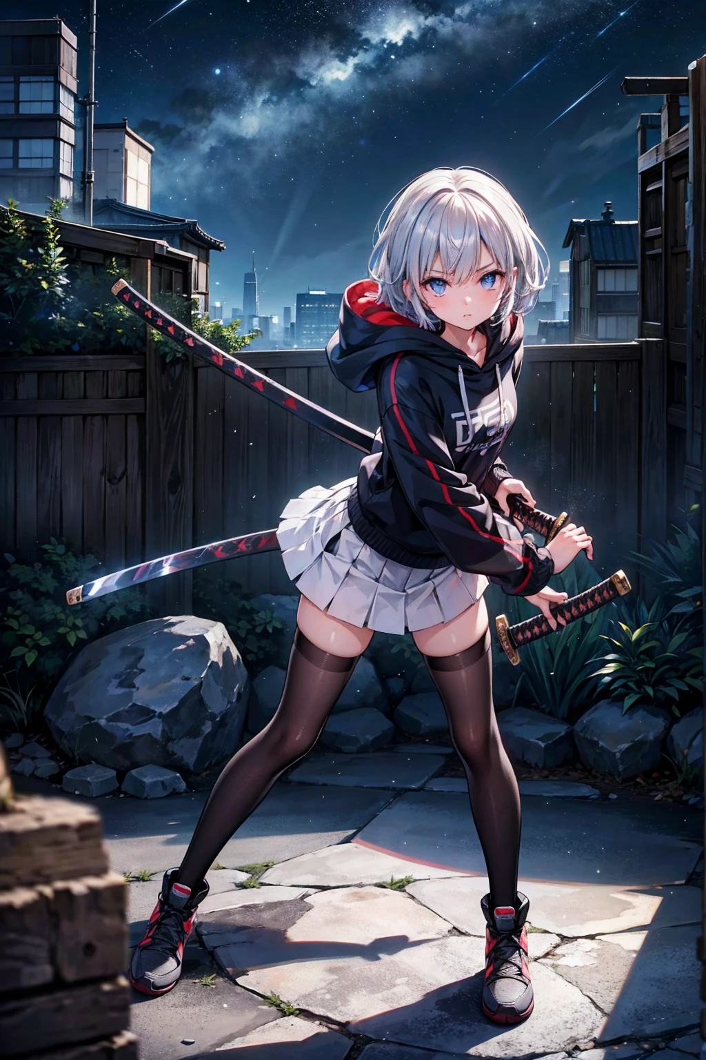 (masterpiece), (best quality), (ultra detailed), (high res 8K), 1 girl, late teenage, standing, contrappost, full body, low angle, hoody, mini-skirt,((katana)), short hair, silver hair, serious, looking away, cityscape in Tokyo, night, rim lighting, high contrast, professional lighting, stunning face, symmetrical clear eyes, detailed eyes and face,(near future)