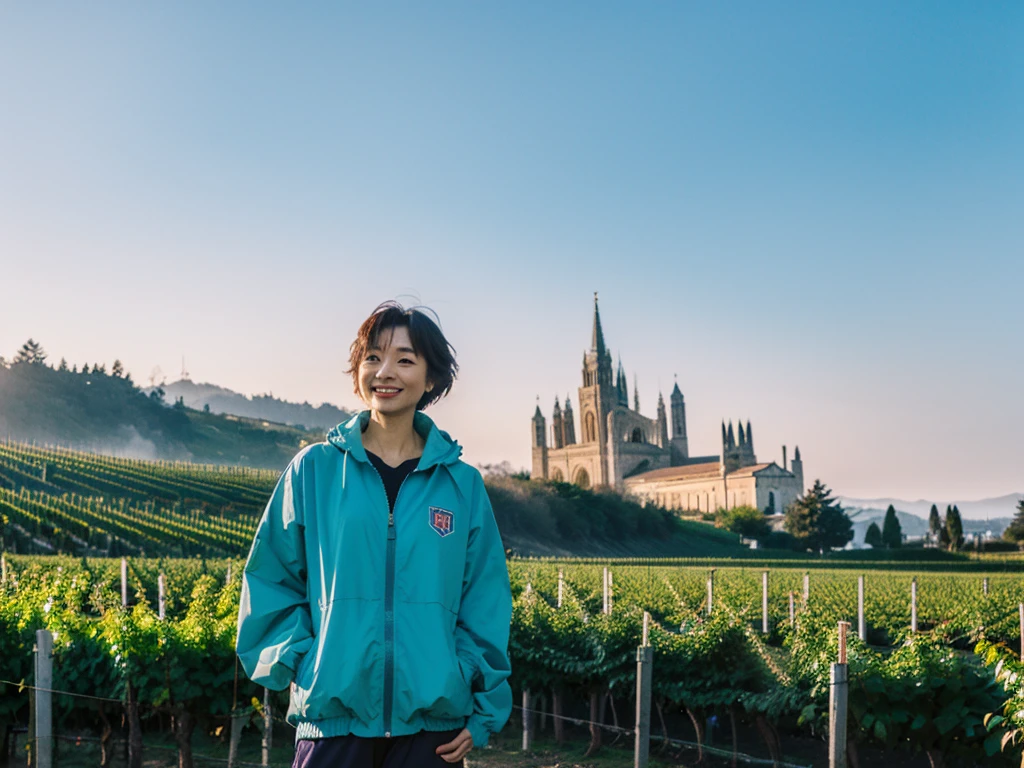 high quality, 1 woman, ((36-year-old healthy Korean woman)), ((36 years old)), 1 woman, eyes are big and beautiful. ((slim)), ((short medium hair)), Smile. pose: standing, windbreaker jacket, background: 1 woman, Vineyards in Piedmont, Italy, The cathedral can be seen in the distance through the early morning fog.. Full body shot with 16-34 wide angle lens, The cathedral can be seen through the foggy vineyards., looking up the side