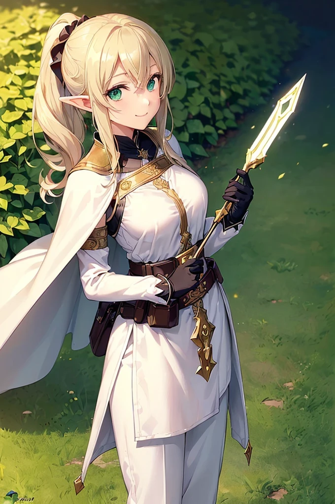 (((masterpiece; best quality: 1.2))), (finely detailed eyes: 1.3), (25 year old elf woman), (solo), (green eyes: 1.4), (body; buxom, fit, femenine: 1.3), (silky blonde hair in low ponytail: 1.3), (beautiful and clear background: 1.2), ((depth of field)), (equipment: adventurer attire + modest + long white tunic-coat + black cape + black pants + gloves + belt + pouches: 1.3), (anime illustration: 1.2), (background composition; royal garden: 1.1), (extremely fine and beautiful: 1.1), (shot composition; standing + centered on torso + close-up: 1.5), (expression; calm, smile: 1.2)