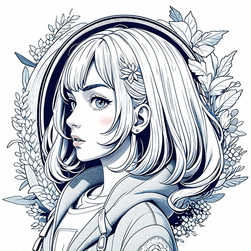 Stylized anime illustration BREAK Profile focused on character in background BREAK Short-haired white character wearing a large hooded jacket, BREAK looks to the side with a calm expression。The complex background of machine gears and cogs、Expressed in a variety of soft colors。, Create complex yet harmonious mosaics