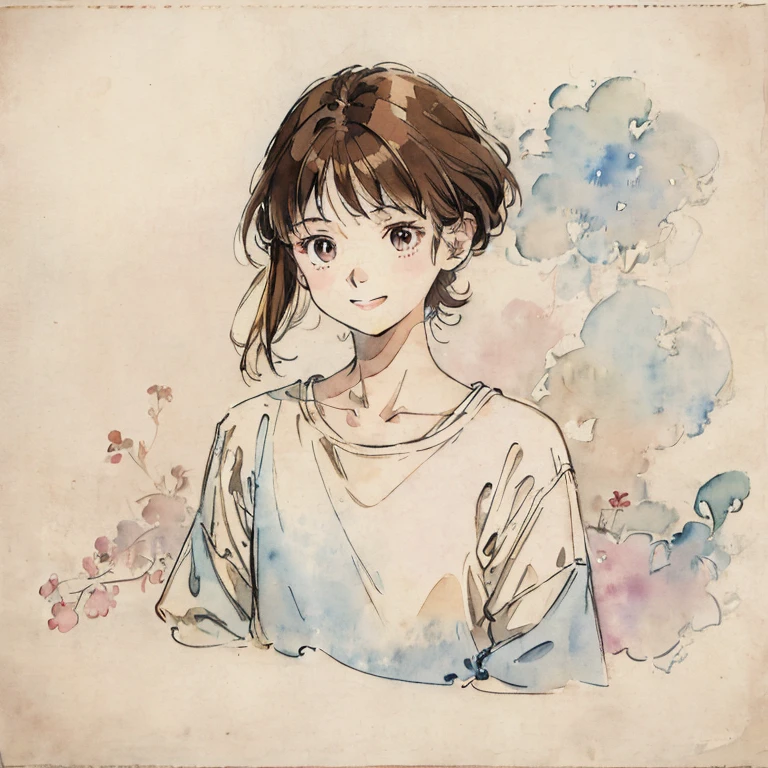 Watercolor style、pale colour、Hand-drawn style, 20 year old student、Laughter、frontage、Upper body、Brown Hair、Upper body、man