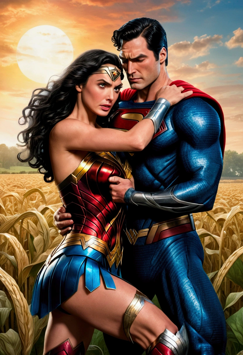 Wonder Woman with a shock pain face leaning forward. Background, superman standing close behind wonder woman holding arms tightly, stopping her from leaving and a farm field