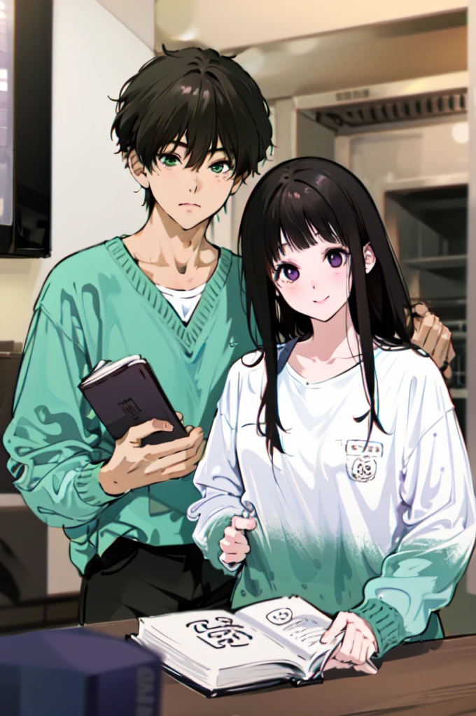 (masterpiece:1.2), best quality,PIXIV,Eru and Houtarou,
1girl, 1boy, chitanda eru, oreki houtarou, long hair, cup, sweater, artist logo, book, bangs, holding, black hair, purple eyes, table, hand in pocket, long sleeves, green eyes, short hair, smile, looking at viewer, open book, collarbone, indoors, green sweater, alternate costume, pants, holding cup, holding book, brown hair, teacup, hand up
 