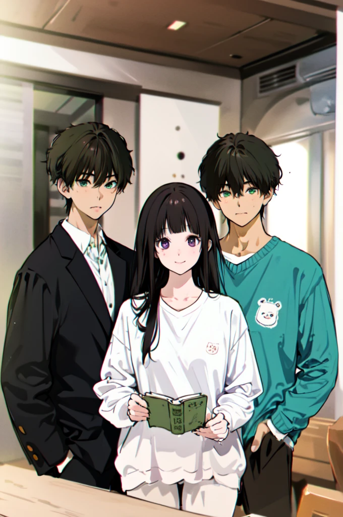 (masterpiece:1.2), best quality,PIXIV,Eru and Houtarou,
1girl, 1boy, chitanda eru, oreki houtarou, long hair, cup, sweater, artist logo, book, bangs, holding, black hair, purple eyes, table, hand in pocket, long sleeves, green eyes, short hair, smile, looking at viewer, open book, collarbone, indoors, green sweater, alternate costume, pants, holding cup, holding book, brown hair, teacup, hand up
 