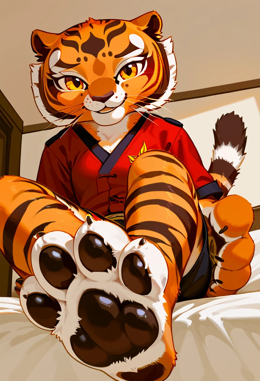 Solo, score_9,score_8_up score_7_up, anthro, Master Tigress, tiger, female, clothed, red clothes, cute smiling, looking at viewer, sitting, on a bed, extreme low angle shot, close up, feet, paws, (focus on feet:1.2), pawpads, pawpad, cute paws, fluffy feet, (fluffy paws:1.1) furry paws, (sfw:1.2), four toes, 4 toes,