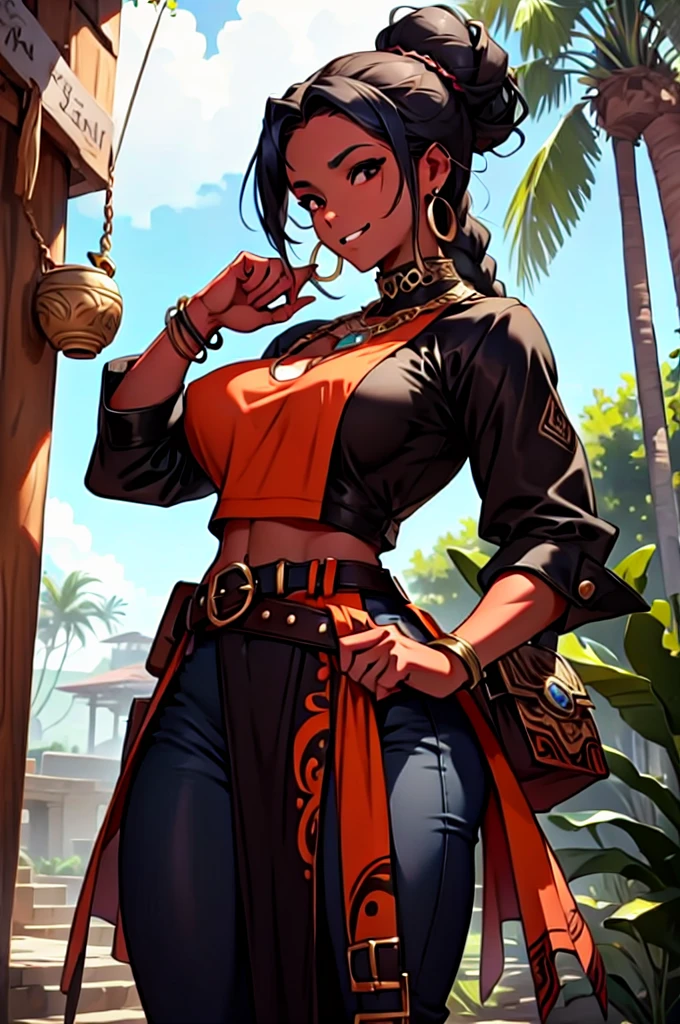 Create a high-fantasy character portrait of Aisha Diallo, a clever member of the Relic Hunters, wielding the Necklace of Anansi. She has an oval and expressive face with soft, well-defined features and warm brown skin. Her expression is lively and friendly, often lit by a mischievous smile. Her large dark brown eyes shine with intelligence and curiosity, reflecting her astuteness and liveliness. Her curly black hair is usually styled in a practical but elegant manner, like braids or a high bun adorned with colorful beads. Aisha stands about 1.70 meters tall with an athletic and thick build(slightly muscular and big breasts), exuding confidence and energy. She wears practical yet stylish clothing inspired by African patterns, including a light brown leather jacket over a colorful blouse with tribal prints, fitted pants, and sturdy boots. Her outfit is designed for ease of movement and speed. She wears the Necklace of Anansi, adorned with gems and spider-shaped pendants that shine with their own light. She also has bead bracelets, a belt with small pouches for tools, and a silver ring shaped like a spider web. She is surrounded by an ethereal and mystical aura, sometimes manifesting as a light golden mist or threads of light forming web patterns around her, emitting a sense of wit and mystery, reflecting her connection with Anansi and her mastery over the web of life.