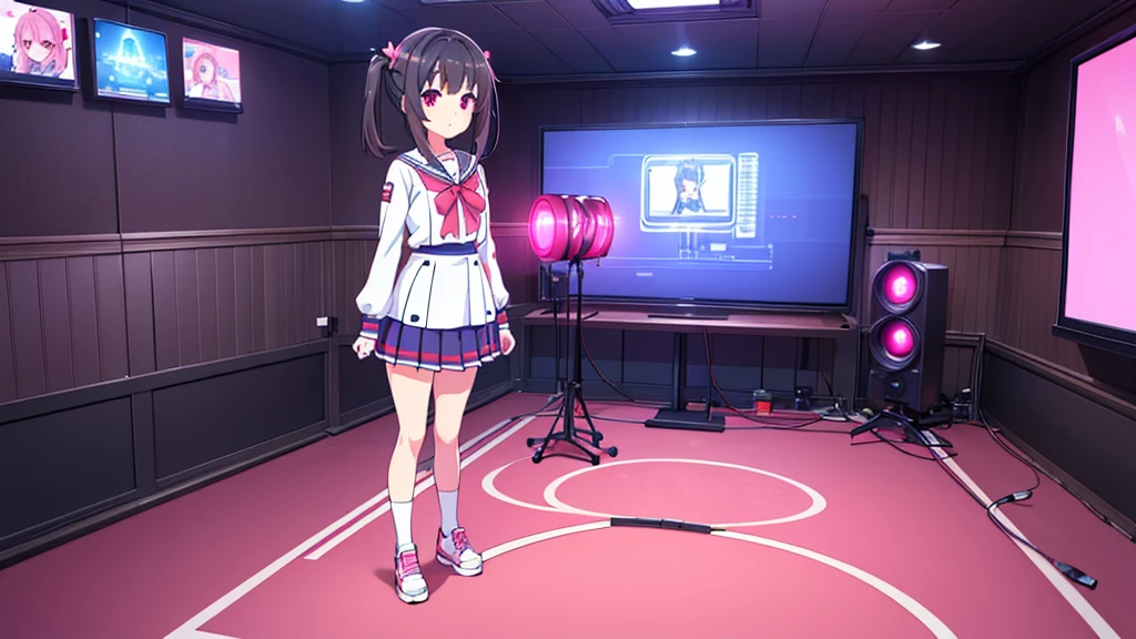 beautiful girl incredible quality 4k vtuber with red eyes black hair with pink ribbon short pleated skirt sailor style blouse long sleeve white long stockings pink tennis shoes with black vtuber youtuber in recording studio room pc gamer background with microphone and rgb cyberpunk LED lights
