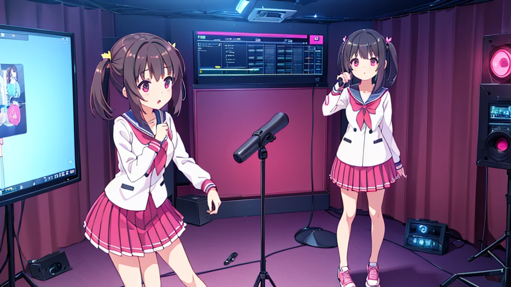 beautiful girl incredible quality 4k vtuber with red eyes black hair with pink ribbon short pleated skirt sailor style blouse long sleeve white long stockings pink tennis shoes with black vtuber youtuber in recording studio room pc gamer background with microphone and rgb cyberpunk LED lights 