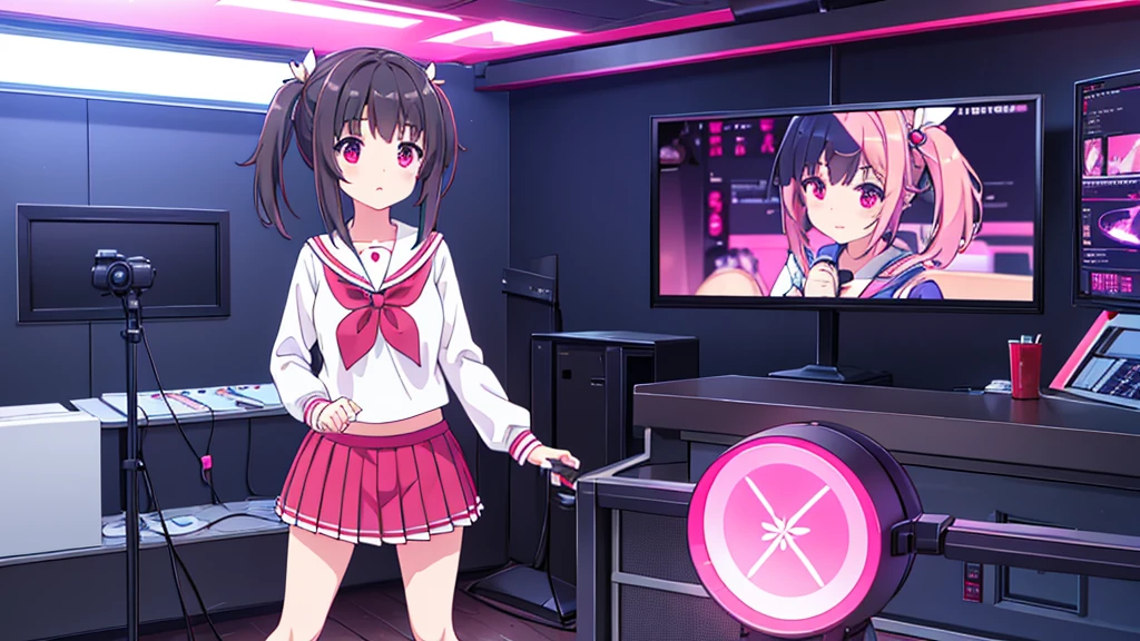 beautiful girl incredible quality 4k vtuber with red eyes black hair with pink ribbon short pleated skirt sailor style blouse long sleeve white long stockings pink tennis shoes with black vtuber youtuber in recording studio room pc gamer background with microphone and rgb cyberpunk LED lights 
